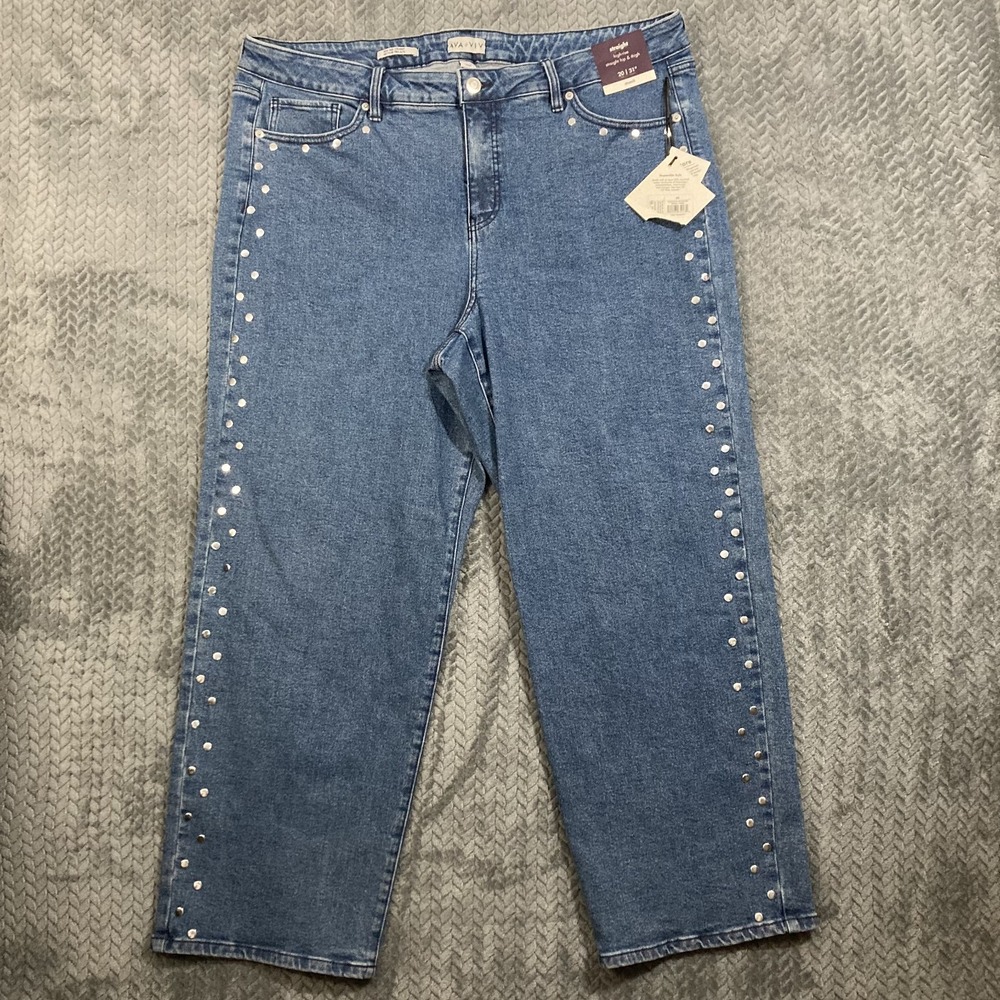 Ava & Viv High Rise Straight Stretch Studded Jeans Womens 20 Blue Denim Plus NWT
